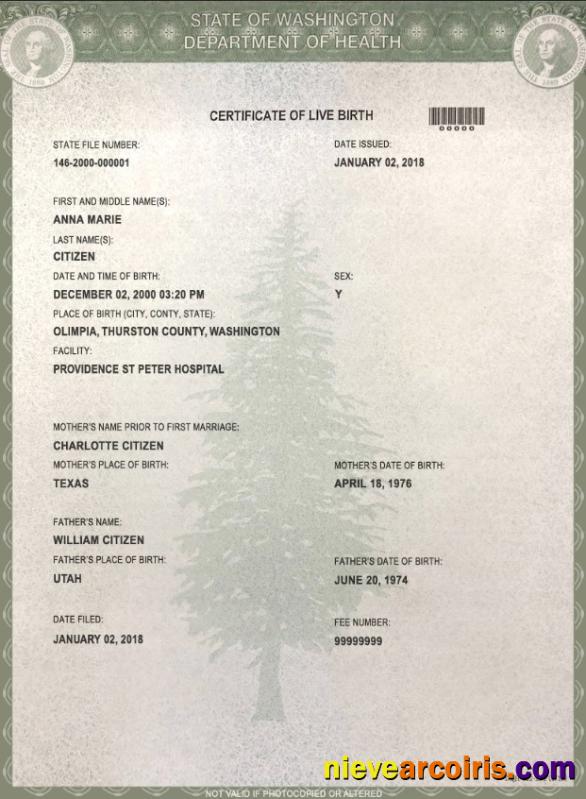 USA Washington state birth certificate